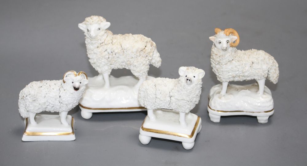 Four Staffordshire porcelain figures of three rams and a ewe c.1830-50,